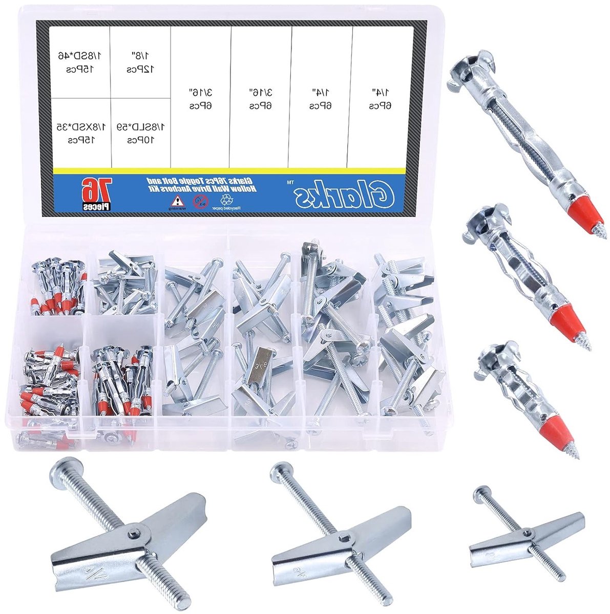 Complete Set van 76 Stuks Toggle Bolts en Hollow Wall Ankers voor Diverse Wandbevestigingen, Inclusief 1/8", 3/16" en 1/4" Maten en Molly Ankers van 35/46/59mm