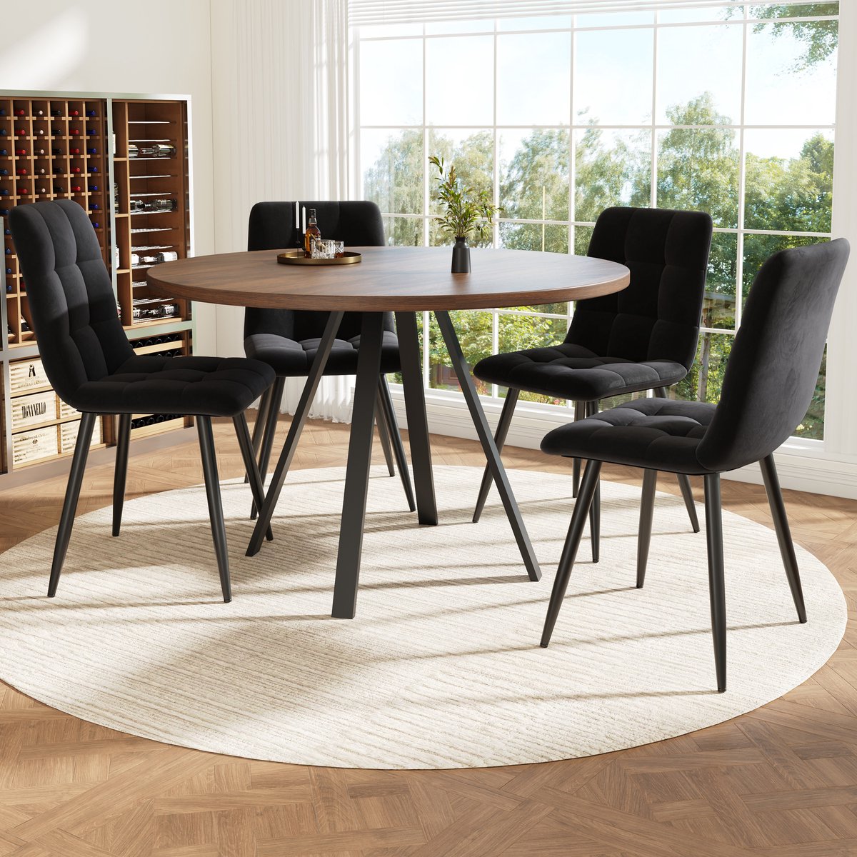 MODENUIT Eethoek 80 x 80 cm - Ronde Tafel Met 4 Stoelen - Voor Keuken En Eetkamer - MDF En Metaal - Walnoot Zwart