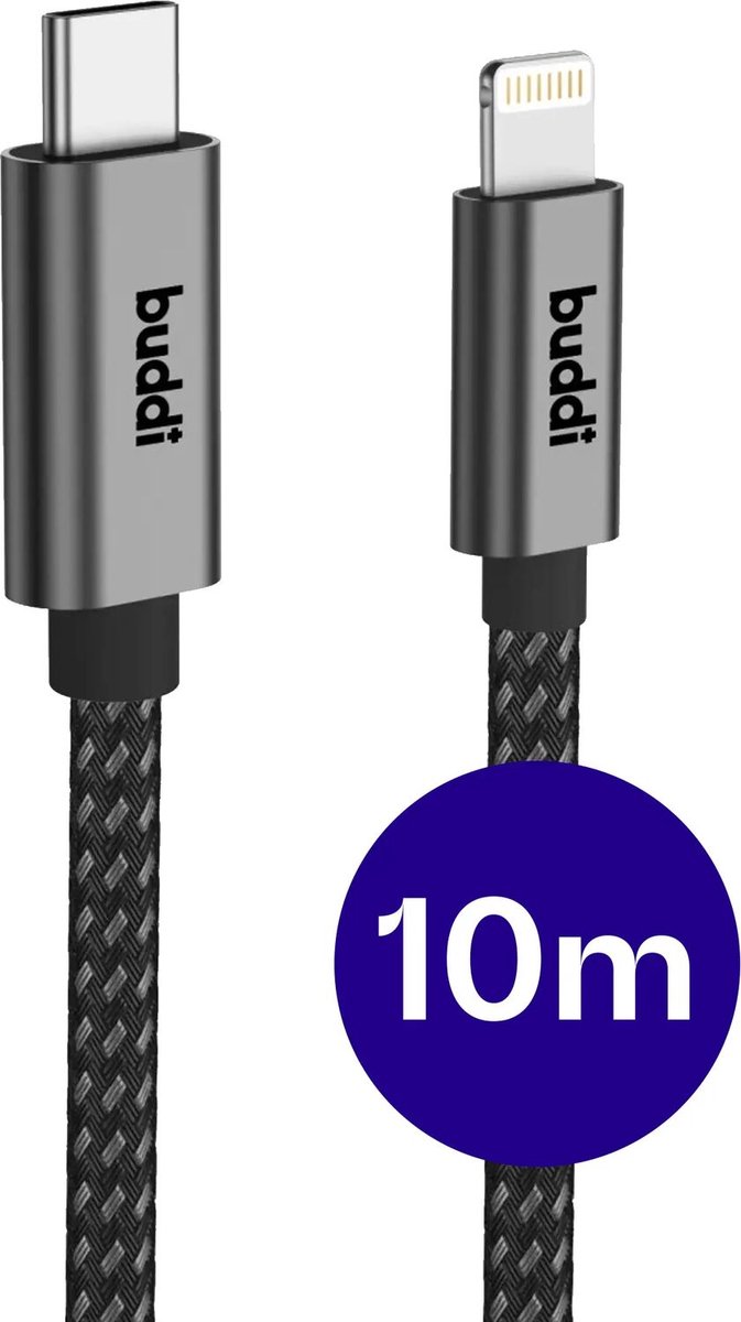 Buddi Flex | USB-C naar Lightning Kabel 20W Fast Charge | Power Delivery | 480Mbps Dataoverdracht | Gevlochten Nylon | 10M | 10 Meter | Zwart