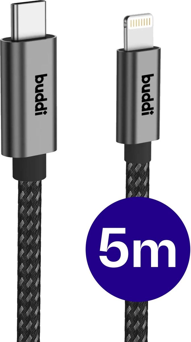 Buddi Flex | USB-C naar Lightning Kabel 20W Fast Charge | Power Delivery | 480Mbps Dataoverdracht | Gevlochten Nylon | 5M | 5 Meter | Zwart