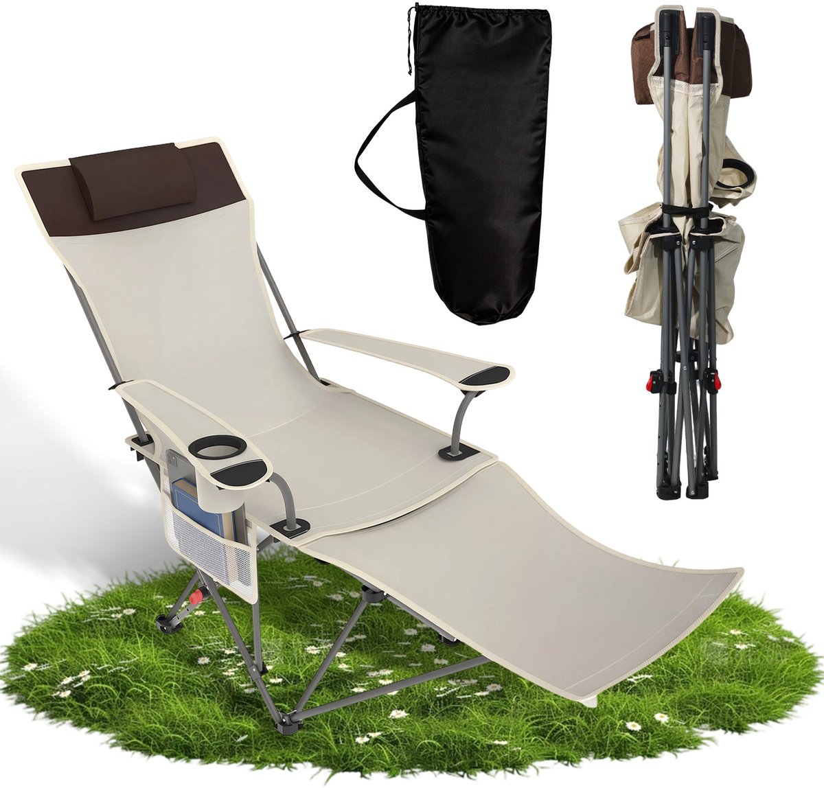 ACXIN Campingstoel Opvouwbaar 2-in-1 met Voetensteun en Hoofdsteun - Verstelbare Vouwstoel 4 Standen - met Bekerhouder en Zijvak - Belastbaar tot 120 kg - Voor Camping Tuin Strand Balkon - Beige