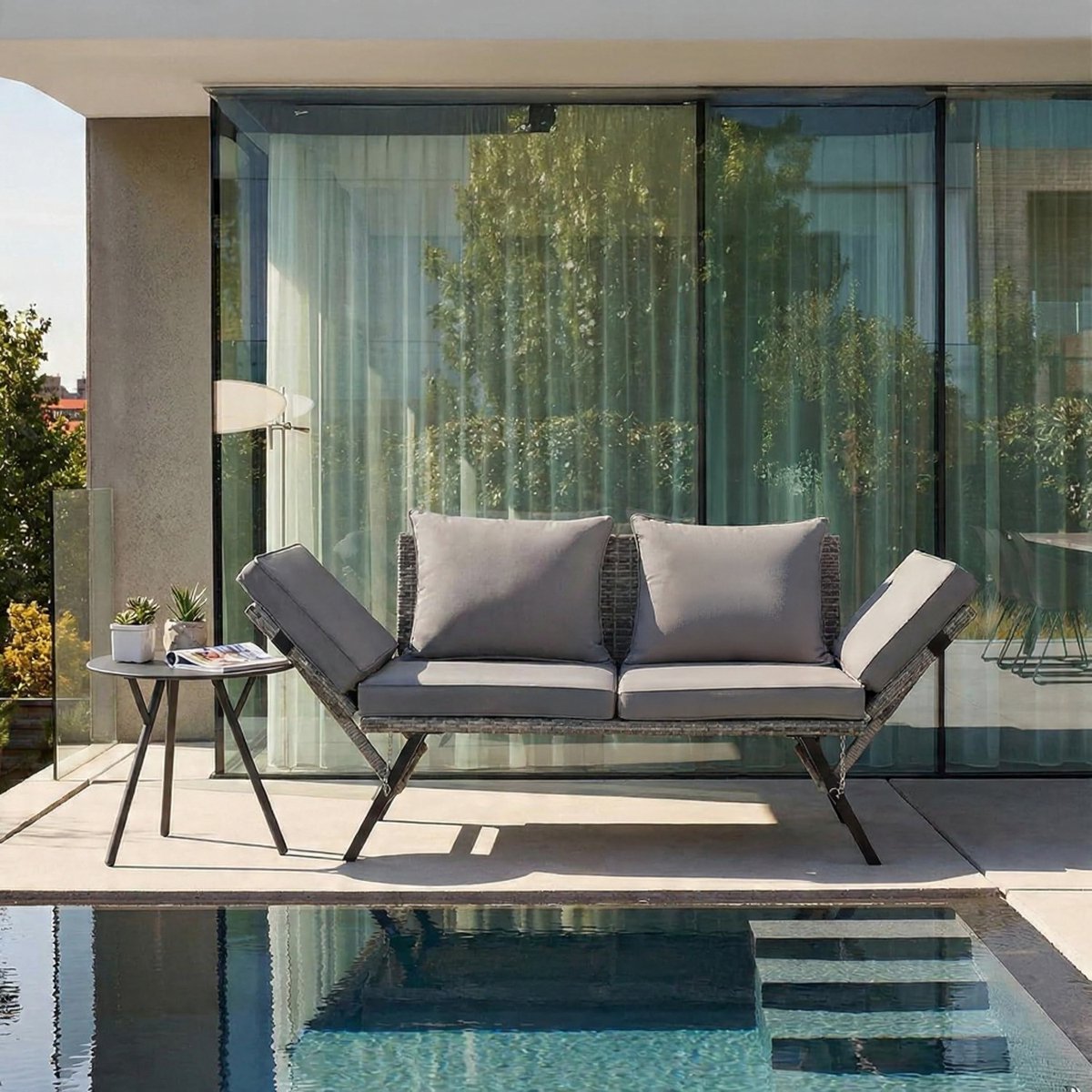 Luxe Rattan Ligbedbank 2 Personen met Verstelbare Armleuningen – Polyrattan Tuinbank met Ligfunctie, 2-zits Loungesofa met Kussens, Weerbestendig Buitenmeubel voor Balkon, Tuin & Terras-Mobili Bella