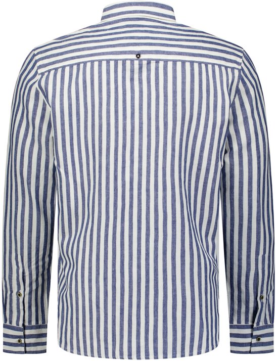 Donkerblauwe en witte streep, lange mouwen, kraag. Achterkant van het shirt.