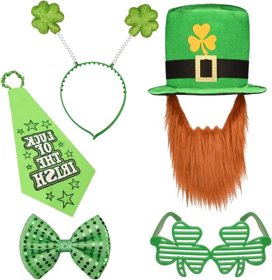 Kostuum Set - Feestaccessoires Leprechaun - St. Patrick's Dag - Groene Klaver Thema - 5 Stuks - Groen