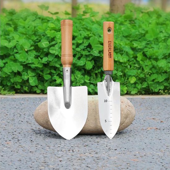 Tuinschep - Roestvrijstalen tuinschep - Tuinschep met breed blad - Kleine tuinschep - Tuinschep met houten handvat - Roestvrijstalen tuinschep met houten handvat - Houten handvat - Matte afwerking - Geschikt voor planten en graven - Zilver, beige van Merkloos	 — afbeelding 3