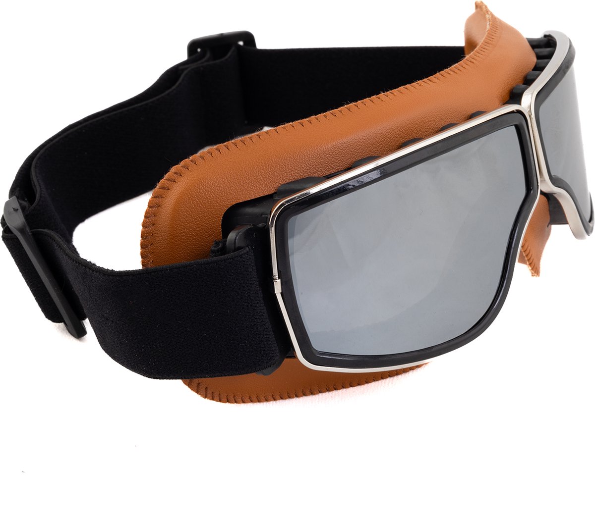 KIMU® Goggles Motorbril Skibril - Bril Cognacbruin Montuur - Zilveren Spiegelglazen - Leatherlook Pilotenbril Vintage Motor Retro Steampunk Lederen Heren Festival