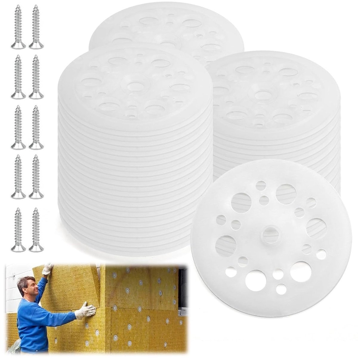 Plastic Wasmachines Set van 100 Stuks voor Isolatieplaten met 100 Schroeven van 3 cm voor Houten Muren en Montage van Basisplaten (46 mm)