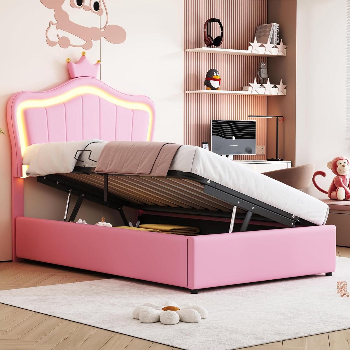 Gestoffeerd kinderbed - Eenpersoonsbed met opbergruimte - Kinderslaapkamer inrichten - Uniek kroon hoofdeinde met LED - 90 x 200 cm