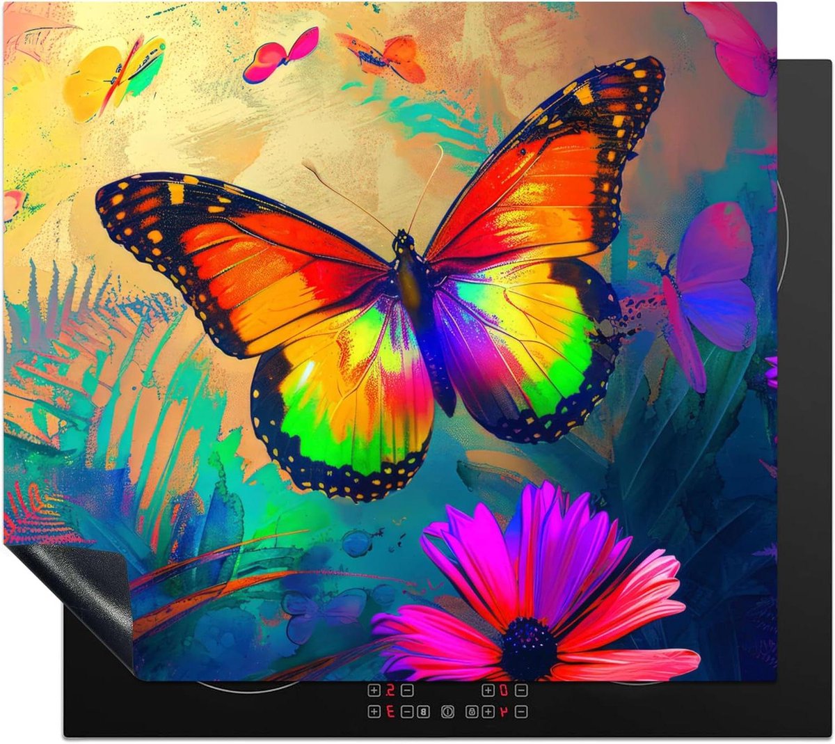 Inductie Beschermer - Kookplaat Mat - Keuken Decoratie - Unieke Foto Print - 59x52 cm - Vlinder Neon