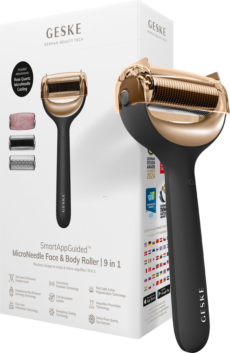 GESKE | SmartAppGuided™ MicroNeedle Face & Body Roller | 9 in 1 | rozenkwarts | Elektrische dermaroller | Microneedling | Microneedling-apparaat | Roller | Schoonheidsroller voor gezicht en lichaam