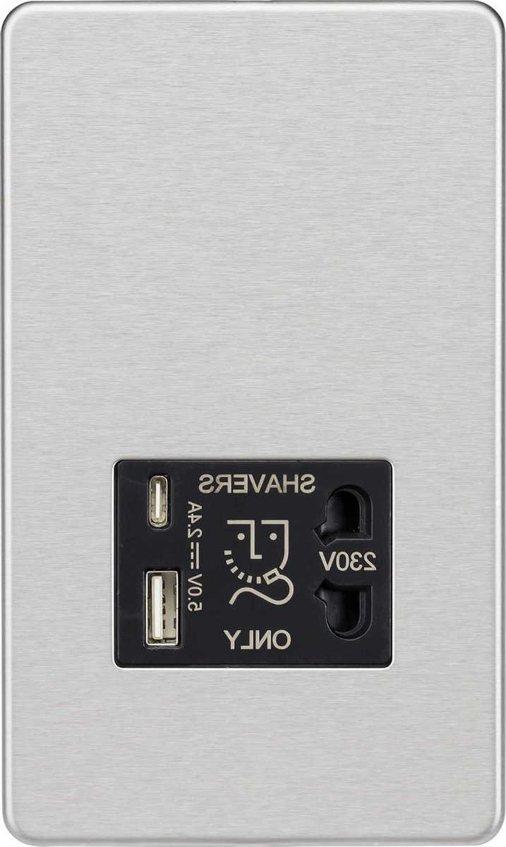 Scheerapparaat Stopcontact - Scheer WCD Dubbel USB - Badkamer Opladen - Schroefloos Design - 4.3 mm Profiel - Geborsteld Chroom Zwart