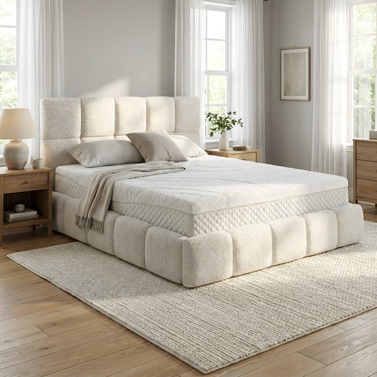 Een opgemaakt bed met een wit matras en een opvallend gestructureerd, crème-kleurig bedframe en hoofdbord, in een lichte slaapkamer.