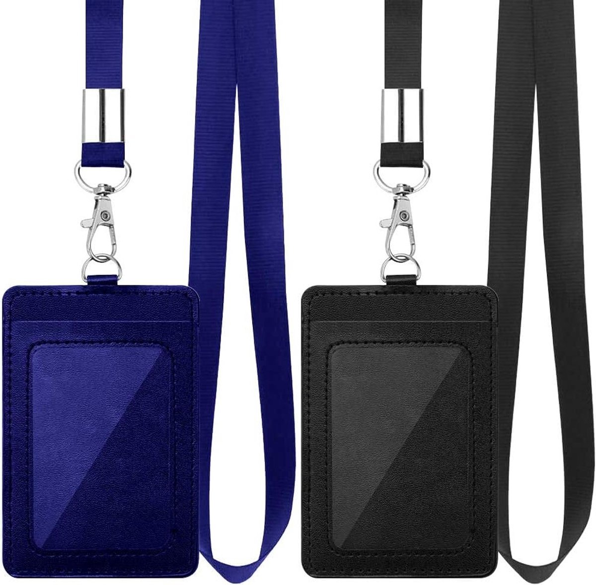 Set van 2 verticale ID-kaarthouders van PU-leer met afneembare nylon lanyard voor kantoor en school, ideaal voor rijbewijzen en toegangspassen (Zwart, Blauw)