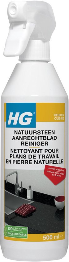 HG Natuursteen Aanrechtblad Reiniger, 500 ml sprayfles. Reinigt streeploos, met afbeelding van een aanrechtblad met spoelbak en kraan.