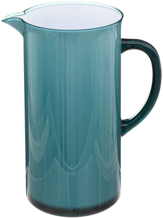 Doorzichtige petrolblauwe kunststof karaf met een golvend patroon.