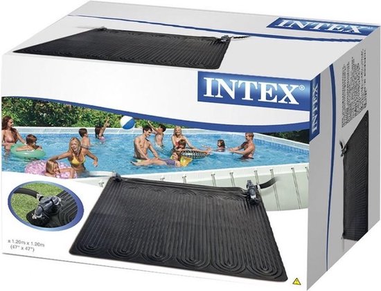 Doos van Intex solar mat. Toont een zwembad met spelende kinderen en de mat van 1,20m x 1,20m.