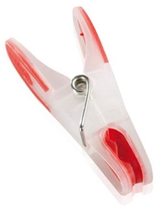 Une pince à linge transparente avec des extrémités rouges sur fond blanc.