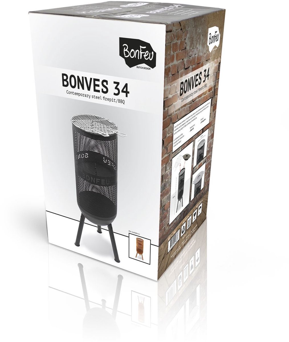 BonFeu BonVes Fire Basket 34 cm - With Grill Grate and Poker - Black