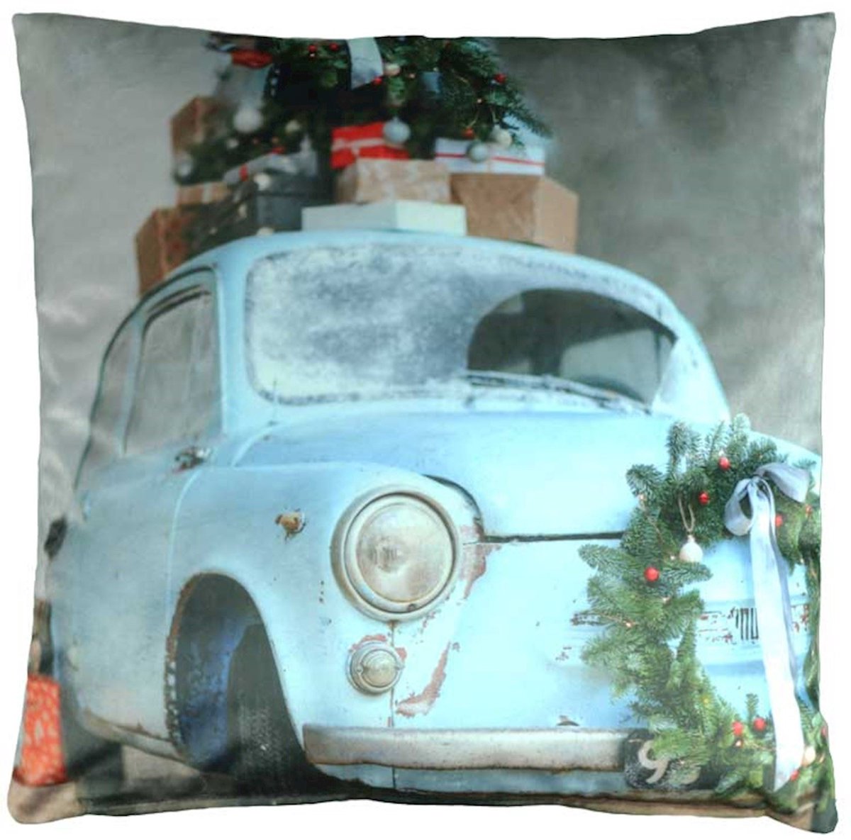 Unique Living winter sierkussen auto kerst - dessin 8 - 45x45cm Blauw