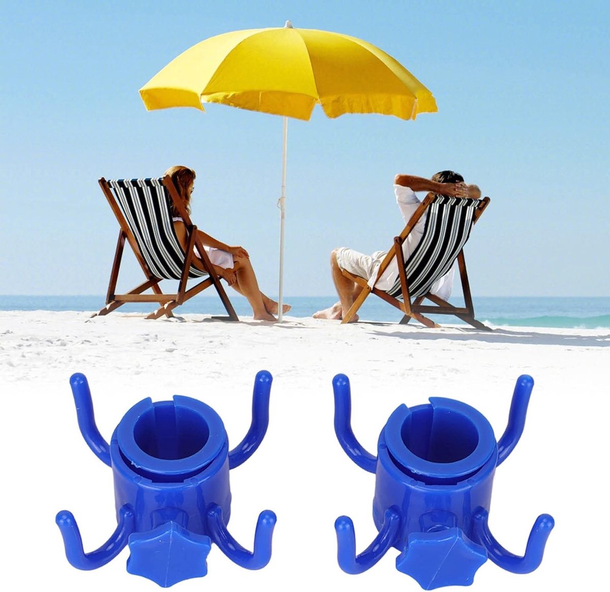 Set van 2 vierklauw haken voor parasols, kunststof hangers voor handdoeken, hoeden en zonnebrillen, ideaal voor op het strand