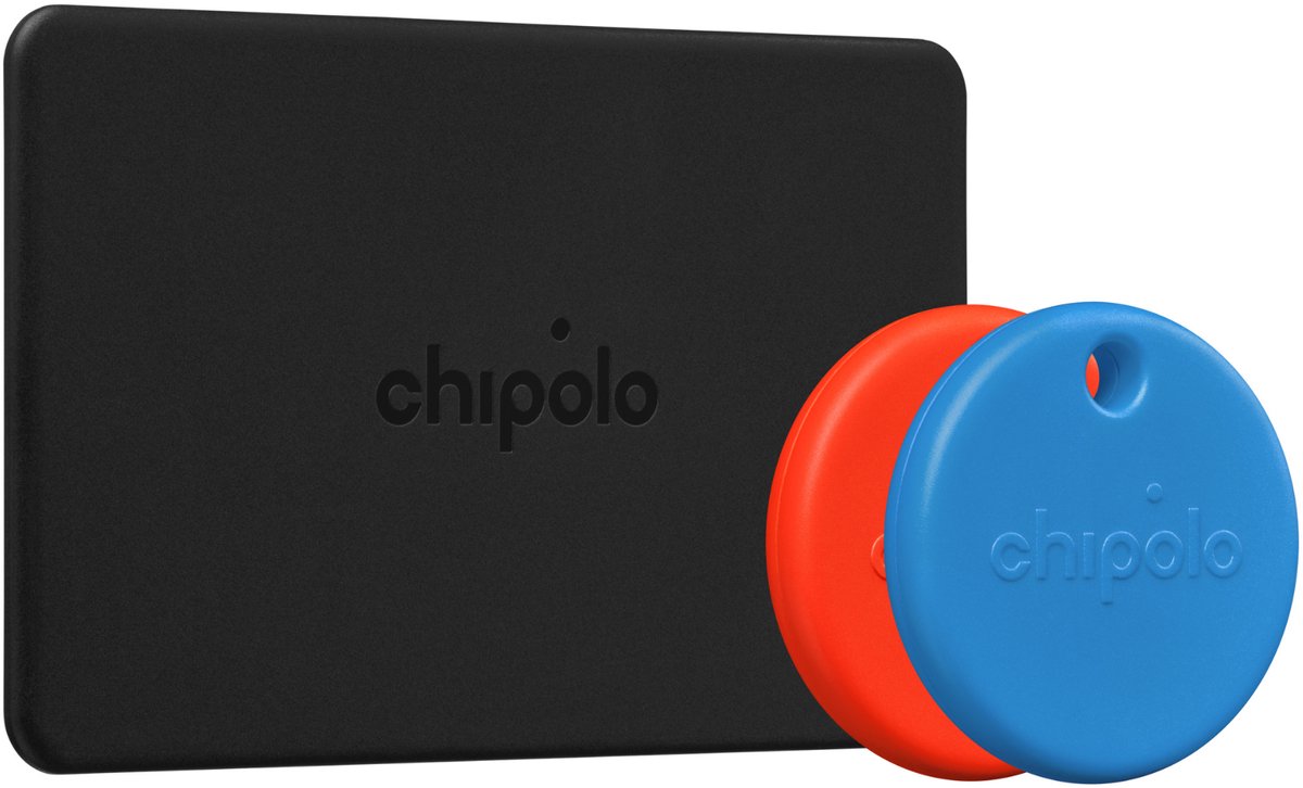 Chipolo POP + CARD Bluetooth Tracker Bundle - Rood + Blauw - Werkt met Apple Find My & Android - 120 dB + 110 dB - Sleutelvinder, Wallet Tracker & Item Finder