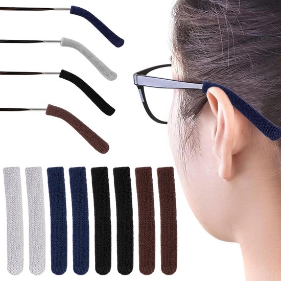 Comfortabele Oorbeschermers voor Brillen, Antislip Oorbeschermers, Zachte Knitted Stof, Ideaal voor Leesbrillen en Zonnebrillen (4 Pairs, Zwart, Grijs, Bruin, Marineblauw)