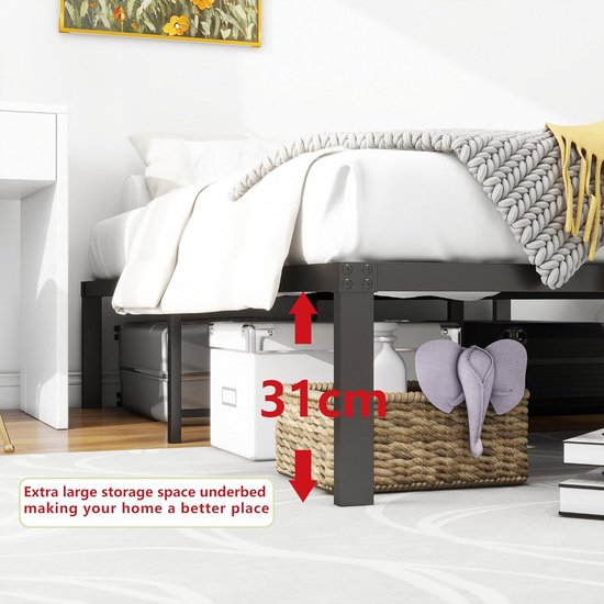 Metalen Bedframe 120x200 cm - Stevig Stalen Platform Bed met Lattenbodem, 31 cm Opbergruimte Onder Bed, Zonder Boxspring, Eenvoudige Montage, Draagvermogen 300 kg, Modern Zwart Design