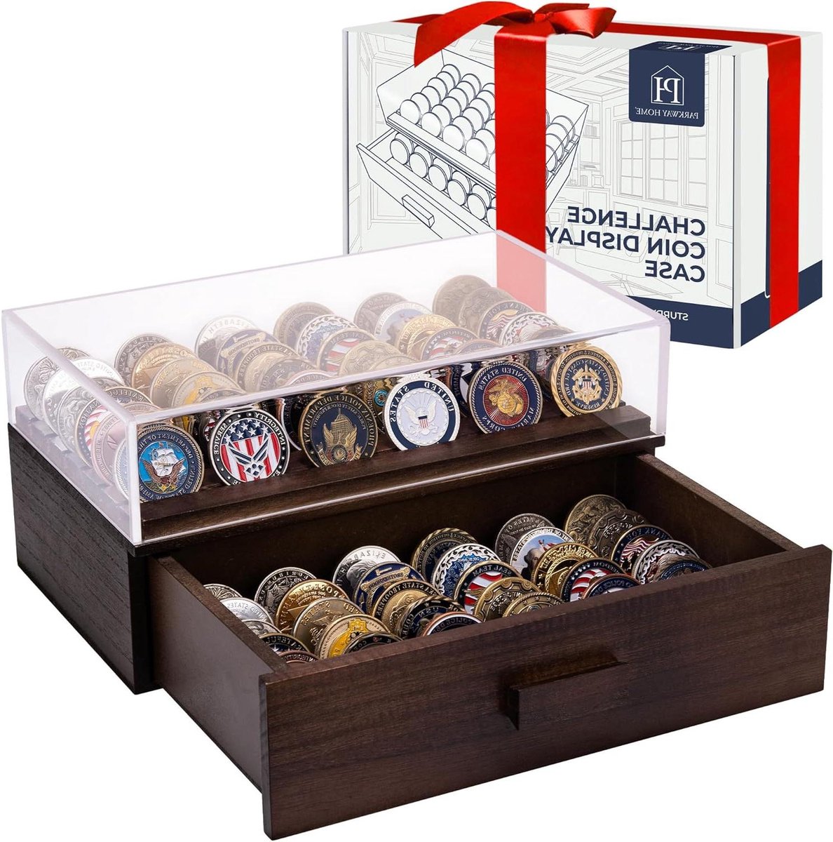 Houten Muntvitrine - Muntenhouder - Collectie Tonen - Transparant Deksel - Voor 72 Munten - Bruin