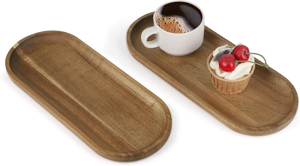 Set van 2 ovale houten acaciatabletten - decoratieve trays voor snacks, desserts en tafeldecoratie - ideaal voor thuis, cafés en restaurants, 30 x 12 x 2 cm