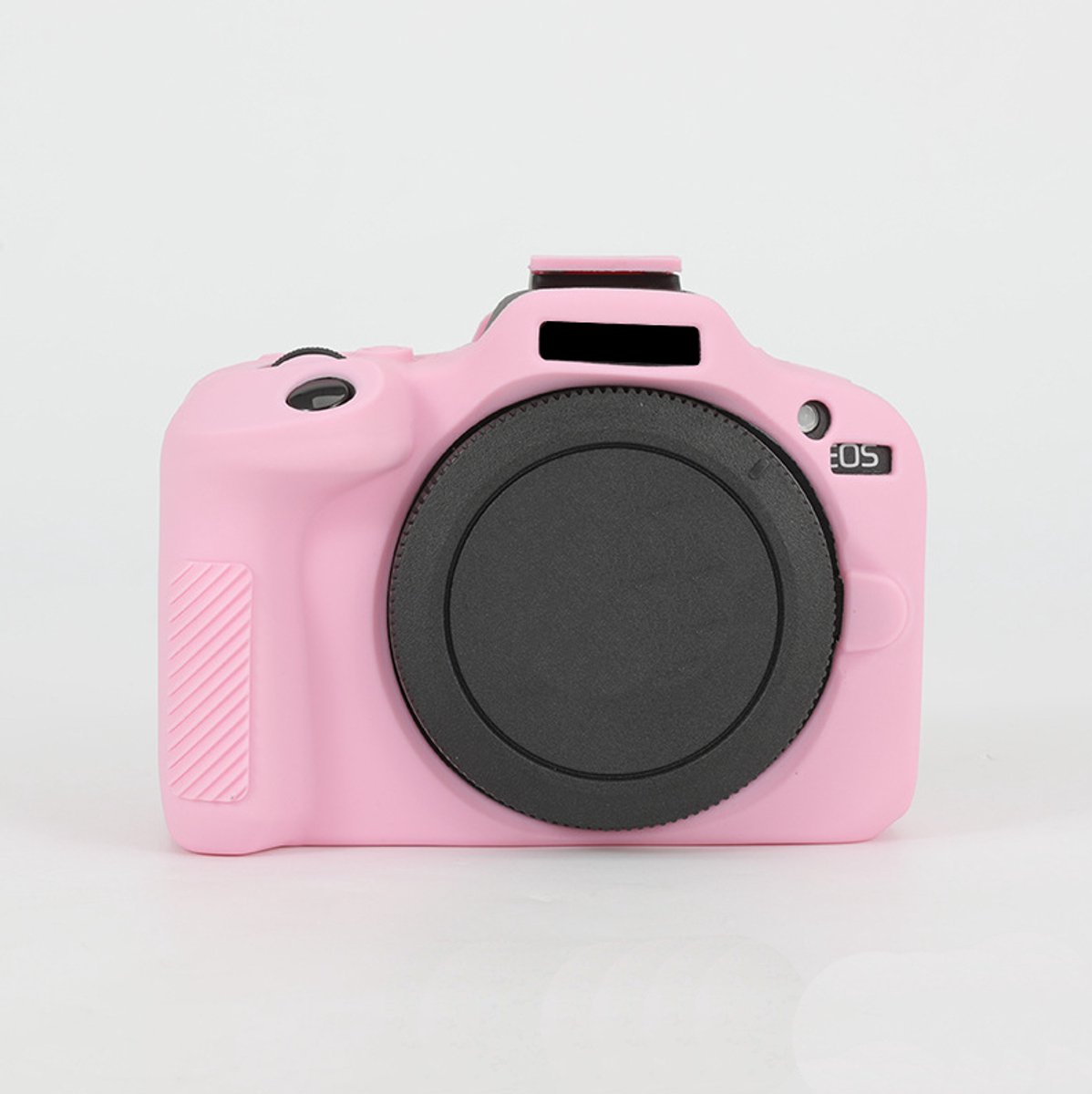 Een cameratas Geschikt voor de Canon EOS R100, gemaakt van siliconen, in het roze.