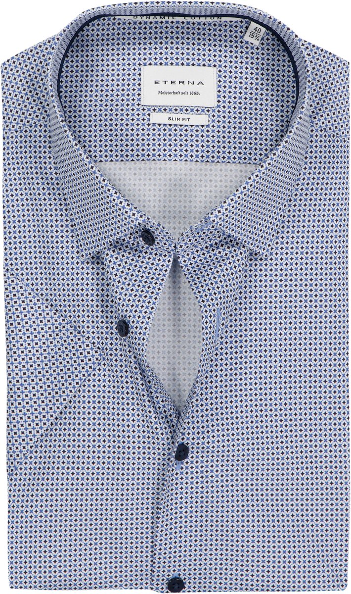ETERNA slim fit overhemd korte mouw - twill - wit met licht- en donkerblauw dessin - Strijkvrij - Boordmaat: 42 (EU maat: L)