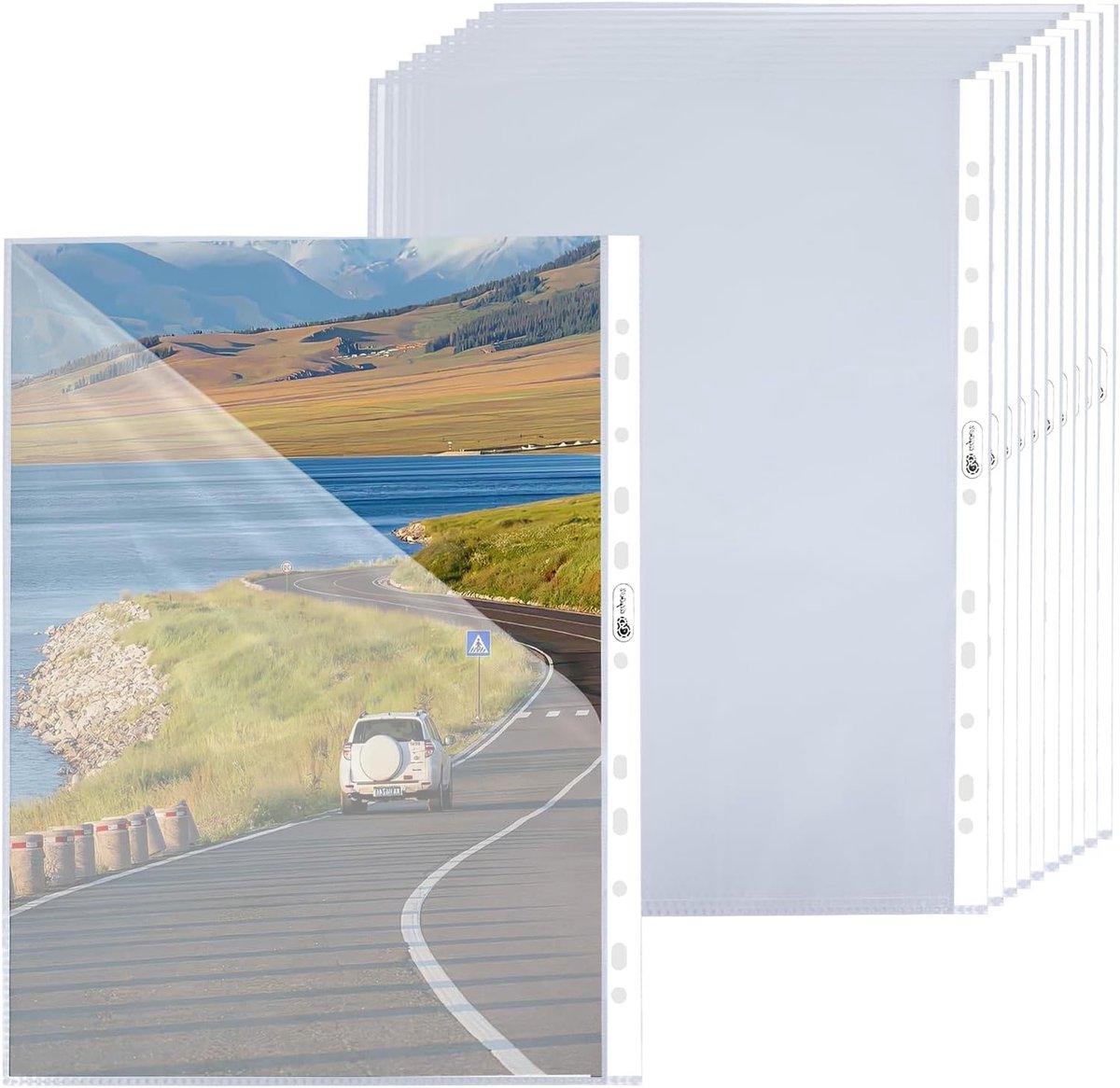 Pack van 50 perforerende A4 hoezen, 160 microns, robuust en transparant, met boven- en zijkantopening, 11 gaten, ideale bescherming voor documenten en mappen