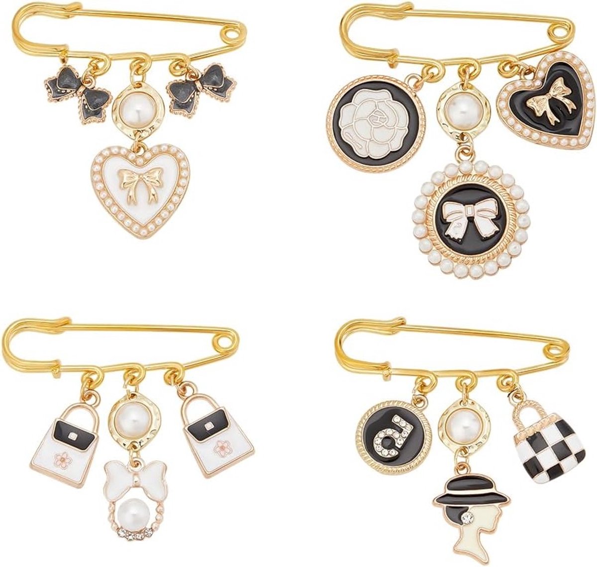 4-delige Mode Broche Set met Strik, Hart, Tas en Nummer 5 - Retro Veiligheidspinnen en Vintage Parels voor Bruidsboeketten en Accessoires voor Vrouwen