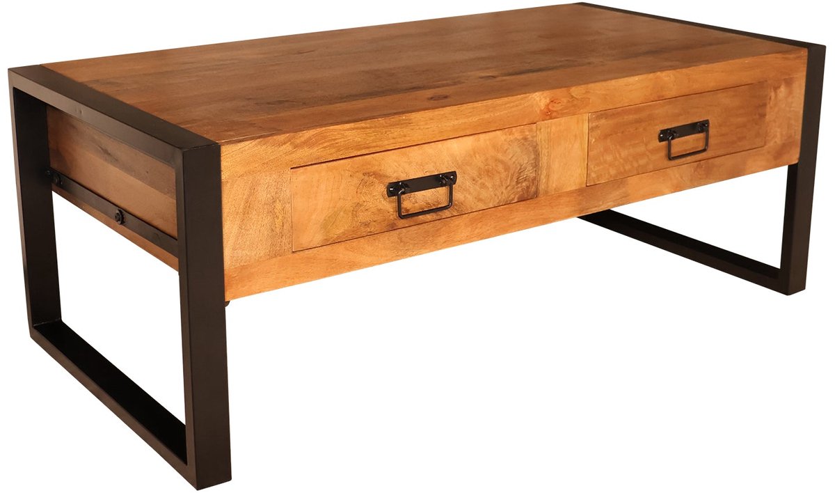 Salontafel industrieel mangohout Kai 120cm side table met 2 lades duurzaam massief hout mango bijzettafel