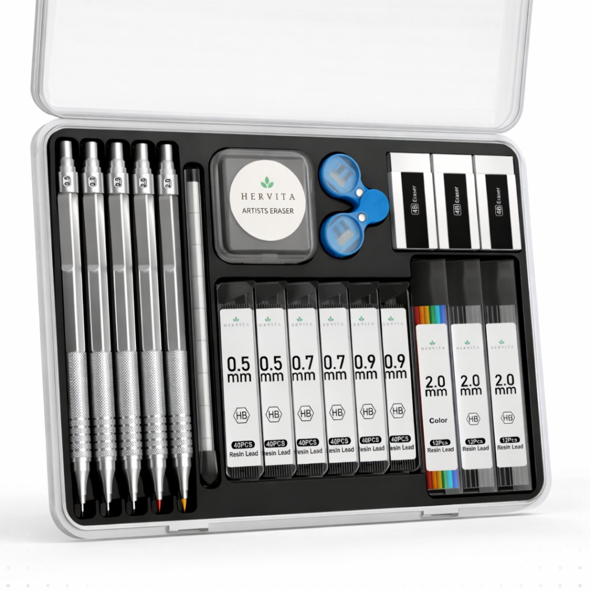 Vulpotloden XL Set 0.5 mm + 0,7 mm + 0,9 mm + 2.0 mm - Volledig Metalen Behuizing - Incl. 250+ potloodvullingen - Mechanisch Potlood - Mechanical Pencil