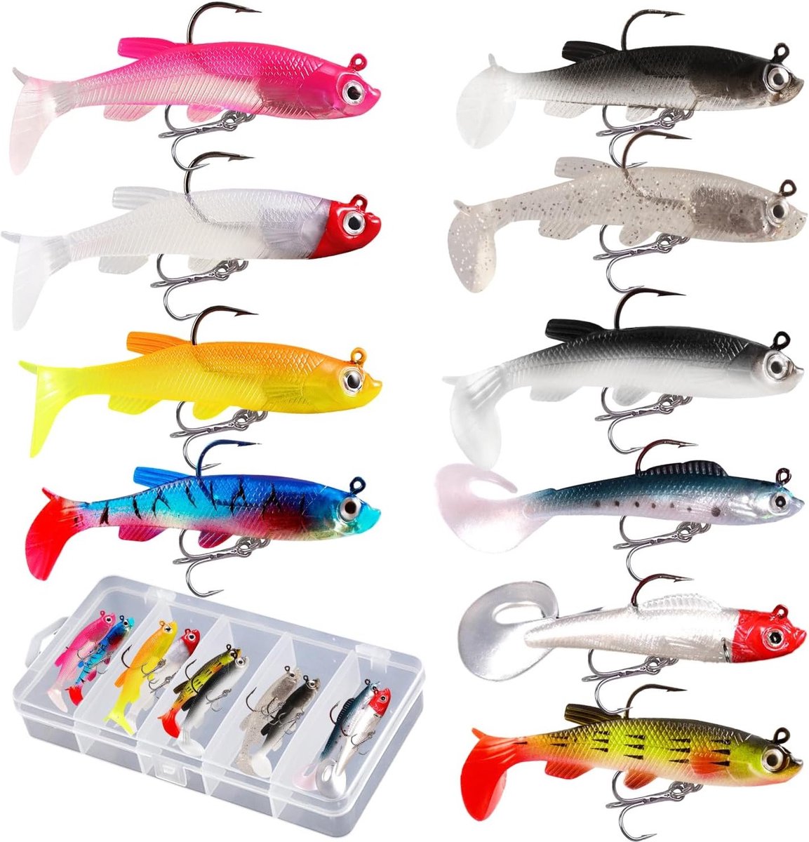 Visaas-set met 10 stuks, inclusief transparante doos, voor snoek, baars en andere roofvissen, met rubberen en wobbler aassoorten