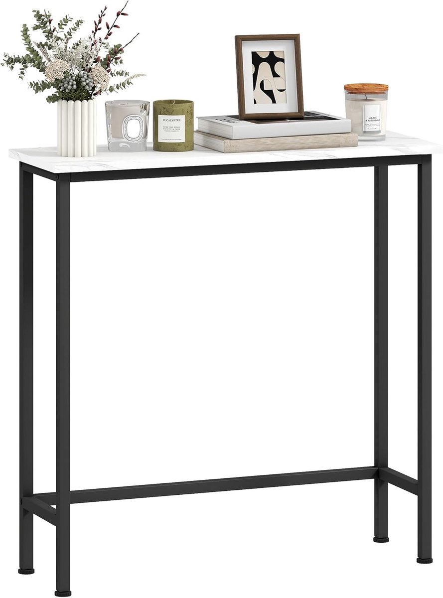 Smalle bijzettafel - Gangtafel hal - Kleine ruimtes - Verstelbare voetkussens - 75 x 24 x 76 cm - Zwart marmerlook