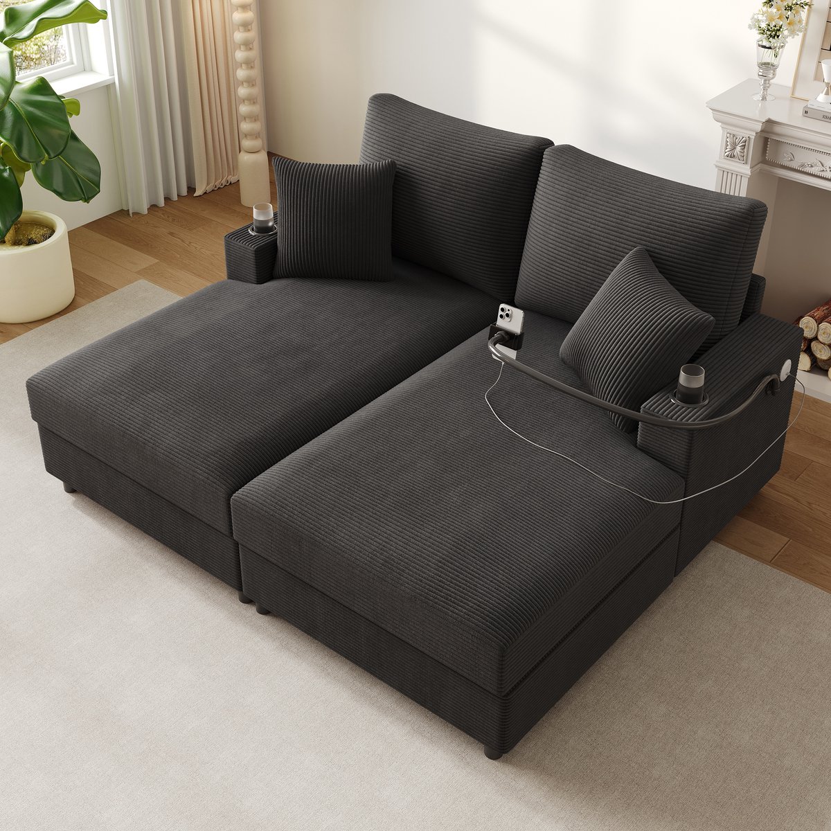 MODFU Slaapbank Voor 2 Personen - Met Usb-Aansluiting En Bekerhouders - Voor Woonkamer - Ribstof - Grijs - 163 X 140 X 82 Cm