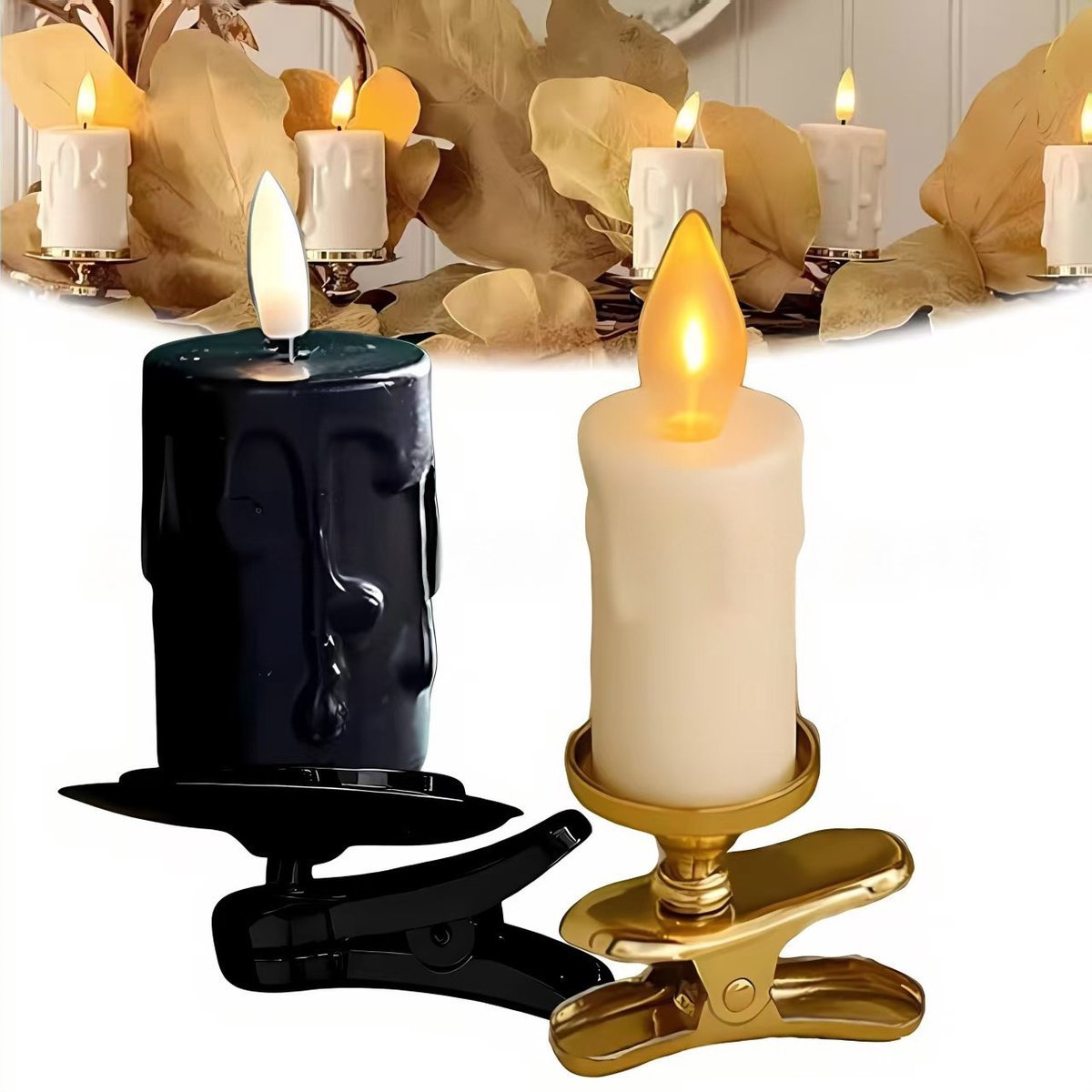 Oneay Set van twee kerstboomkaarsen met clip, LED-kaarsjes, met afneembare clips (zwarte voet + gouden voet), werkt op batterijen, Valentijnsdagcadeau.