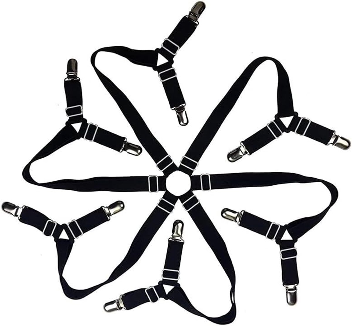 Oneay Verstelbare elastische bandjes voor het hoeslaken, sluiting met kruisbandjes, geschikt voor ronde en vierkante matrassen (zwart).