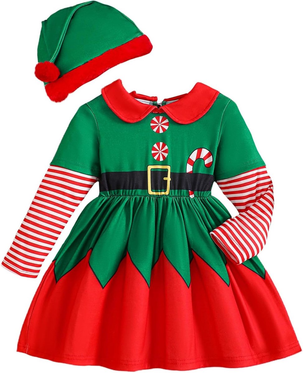 Kinderen Kerstkostuum met Lange Mouwen en Rok voor Feestjes, Inclusief Hoed en Cosplay Set, Geschikt voor 18 Maanden tot 6 Jaar