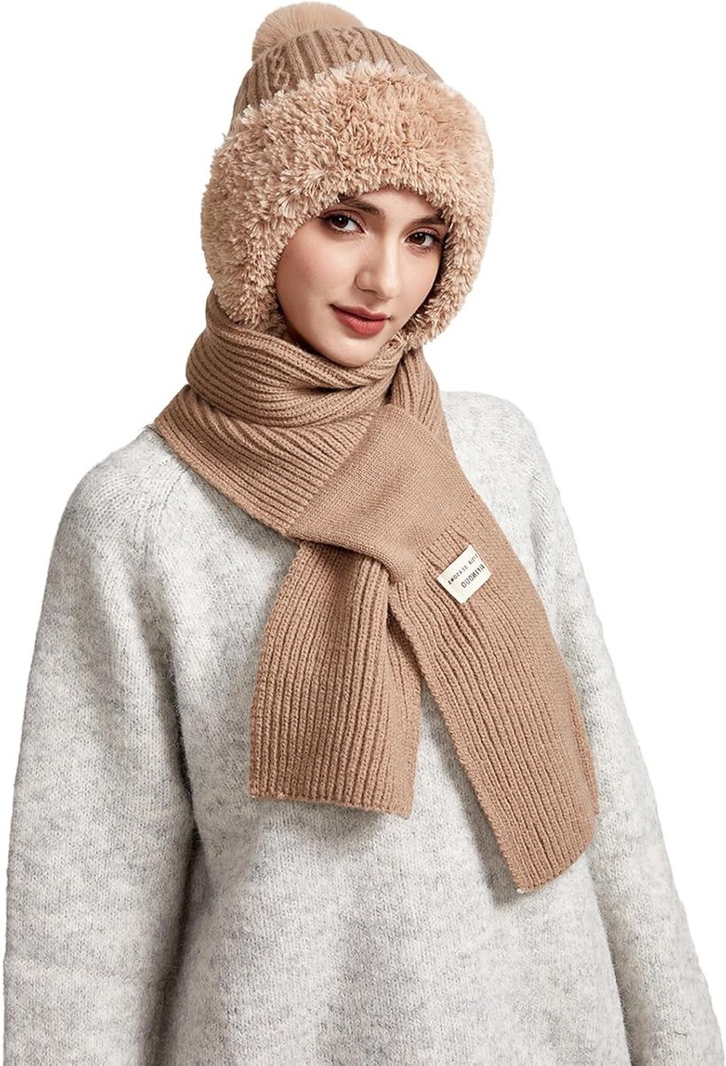 Gebreide muts en sjaal voor dames, zachte elastische winddichte slouch thermal fleece, wollen beanie en skikap met gezichtsmasker voor buitenactiviteiten