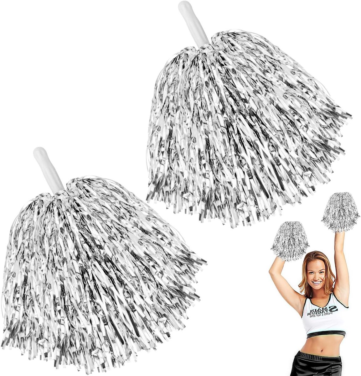 Cheerleading Pompoms met Handvatten voor Kinderen, Ideaal voor Sportcompetities en Dansteams, Set van 2 voor Feestelijke Kostuums en Teamgeest (Zilver)