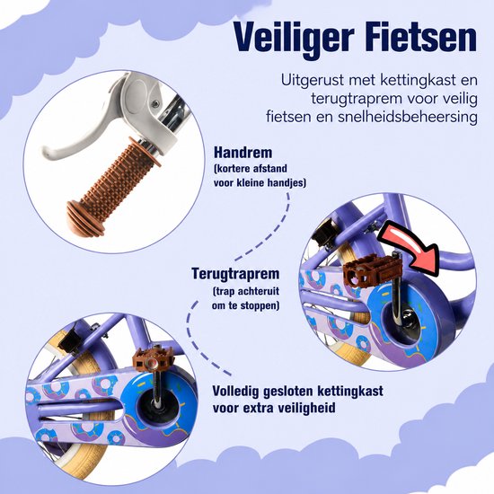 Vankel Kinderfiets 14 Inch - Met Steunwielen - Terugtraprem en Velgrem - Sterk Stalen Frame - Volledig Gesloten Kettingkast - Afneembare Fietsmand - Verstelbaar Zadel - Antislip Banden - Geschikt voor 2-4 Jaar - Duurzame Kinderfiets– Paars van VANKEL — afbeelding 5