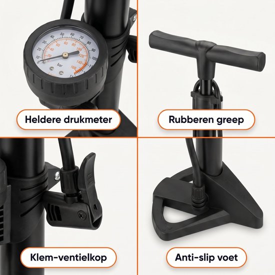 Lomera Fietspomp - Vloerpomp met Manometer - Staande Fietspomp met Drukmeter - Hogedrukpomp - Luchtpomp voor Alle Ventielen - Presta, Schrader en Dunlop - Voor Racefiets, MTB en E-Bike - Voetpomp - Fietsbandenpomp - Fietsvloerpomp — afbeelding 4