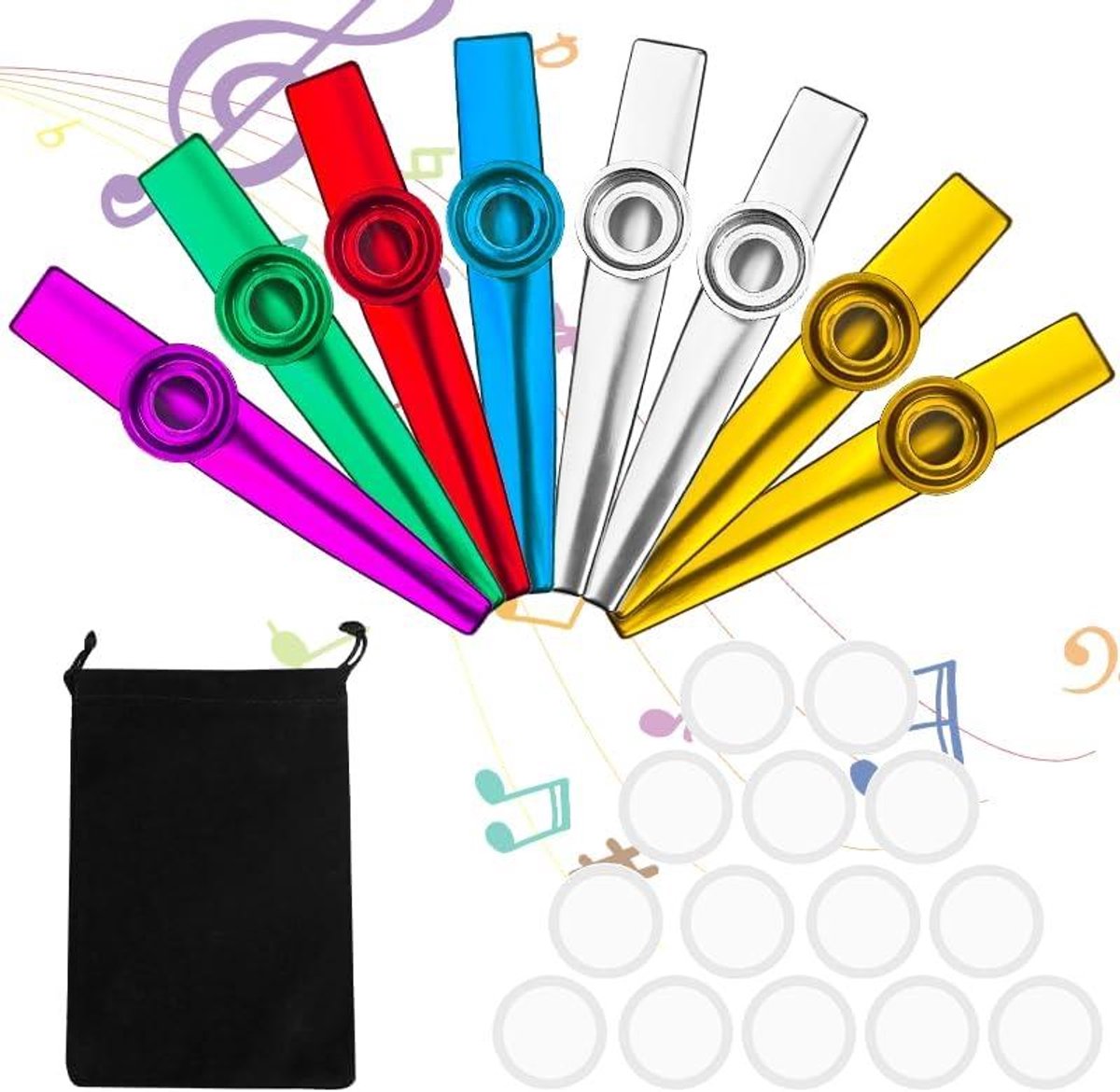 Metalen Kazoo Set - Muziek Instrument - Muziek Maken - 8 Stuks Inclusief Membranen - 12 x 2.5 cm - Multicolor
