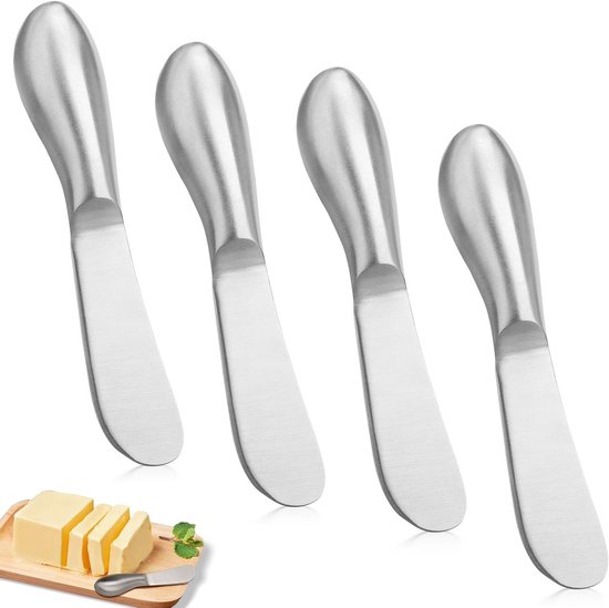 Vier zilverkleurige botermessen met een gepolijst, gebogen handvat en een plat mes.