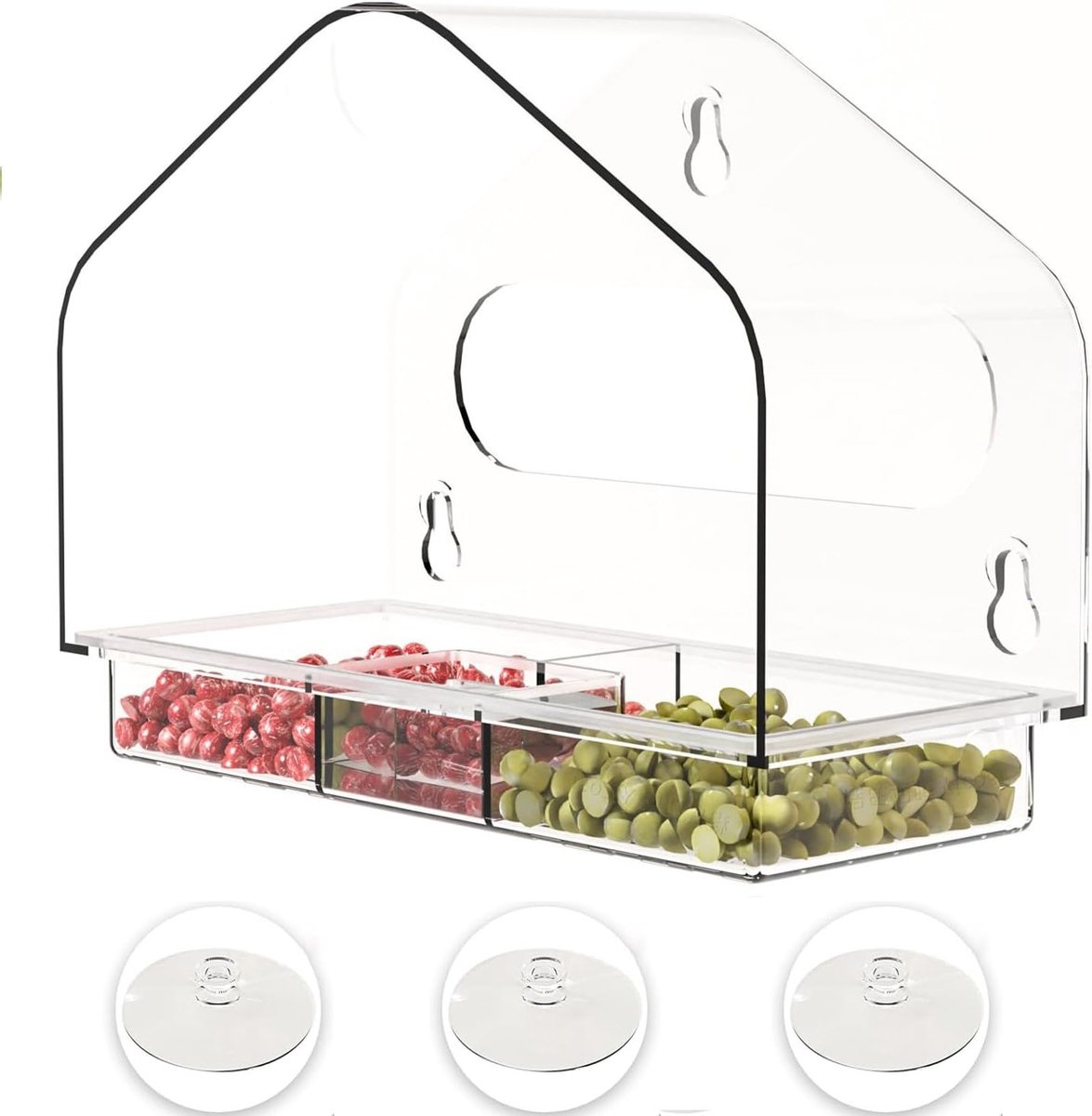Transparent Acrylic Bird Feeder Station met Sterke Zuignappen - Vogelvoederstation voor Buiten in Dakvorm - Vogelvoederhuisje voor Ophangen in Tuin (Vierkant)