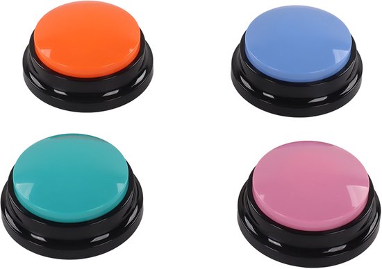 Vier gekleurde praatknoppen: oranje, blauw, cyaan en roze, met zwarte basis.
