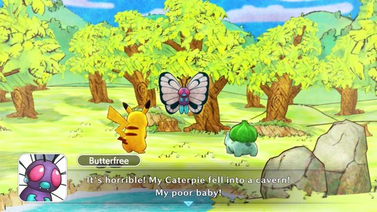 Pikachu en Bulbasaur ontmoeten Butterfree in een natuurlijke omgeving. Butterfree is bezorgd.